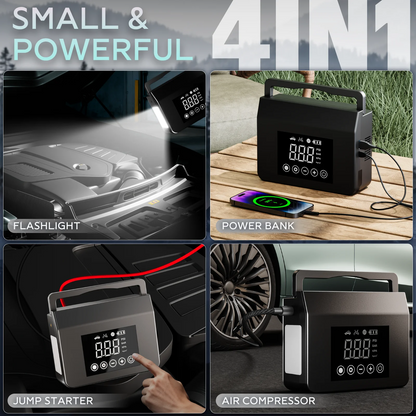 HIEHA® 4000A Car Jump Starter with Smart Air Compressor – 15000mAh Battery Pack, 150 PSI Inflator, Power Bank & LED Flashlight